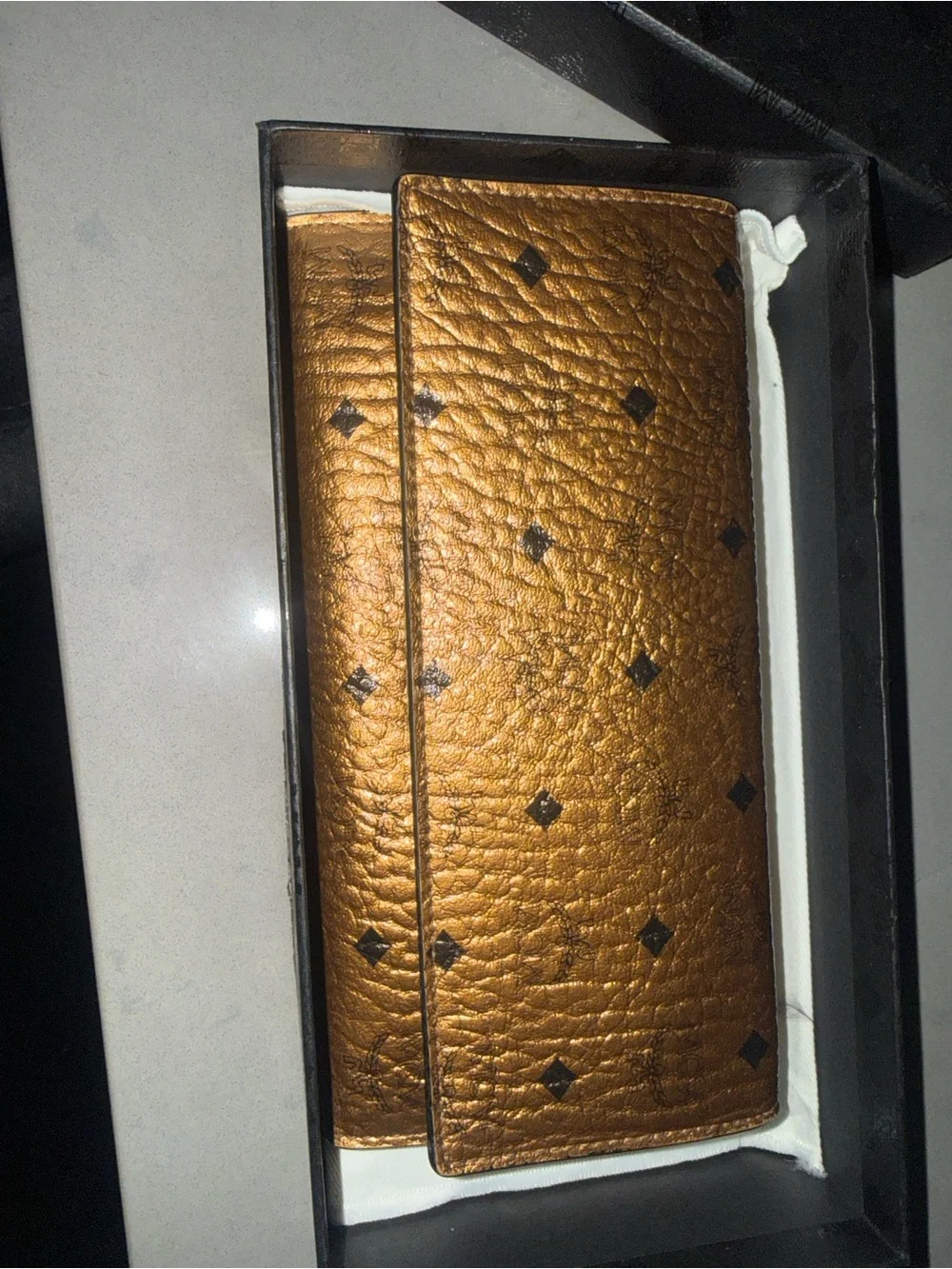 Leather Long Wallet in Metallic Bronze with Black Accents
